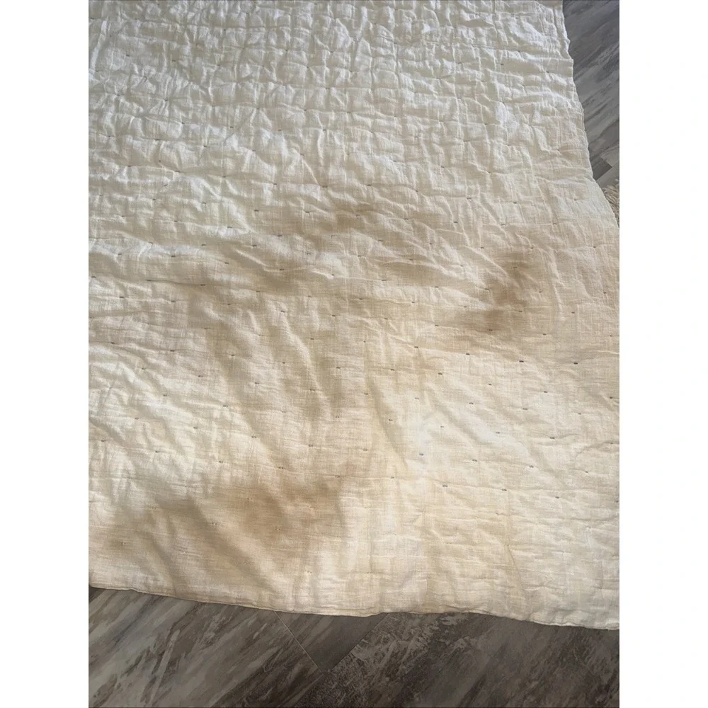 Vintage Cream W Blue Ties Quilt Blanket 68X65 In Significant Stain Areas Hole